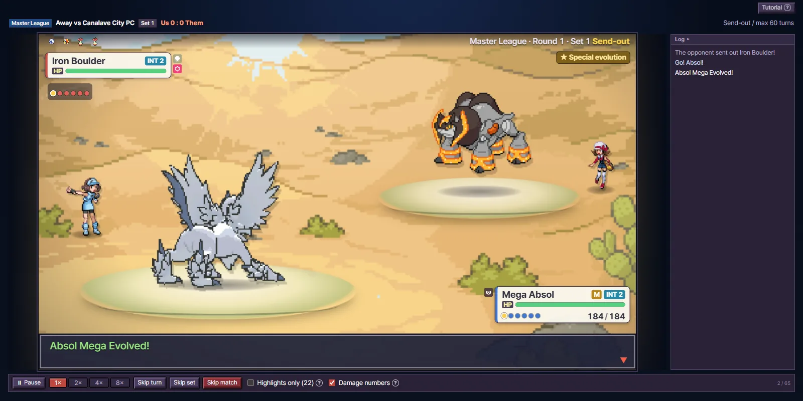 Match screen: Mega Absol faces Iron Boulder in a desert arena during an automatic battle, with the line 'Absol Mega Evolved!' and speed and skip controls below.