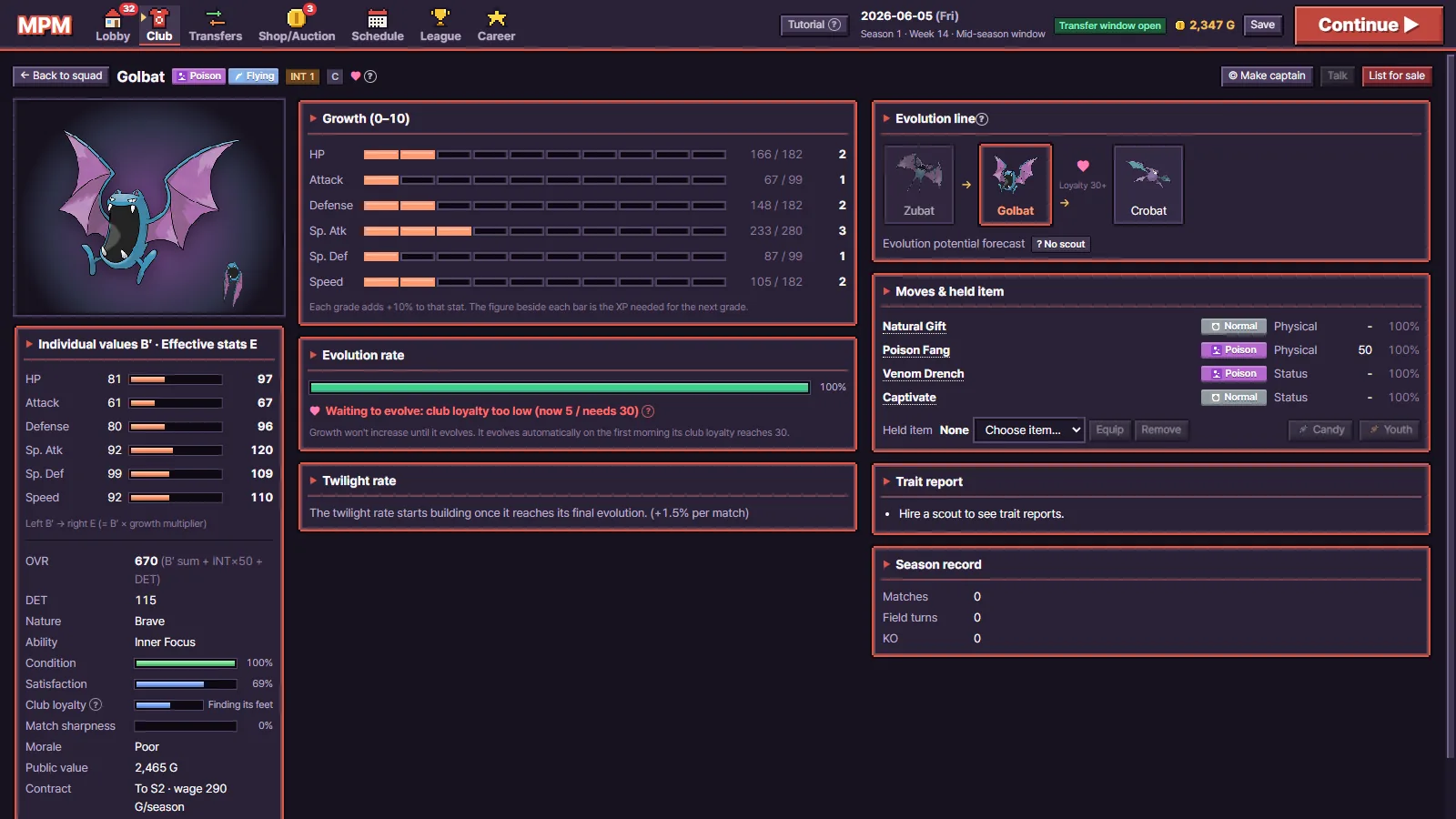 Golbat's detail screen: individual values, OVR, DET, INT, growth bars, evolution line, moves and held item, and the trait report panel.