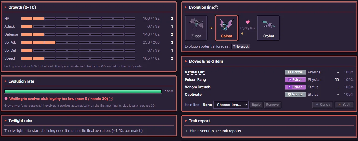 Growth panels on a Pokémon's detail screen: per-stat growth bars, an evolution-rate bar waiting on club loyalty, the twilight rate, and the Zubat–Golbat–Crobat evolution line.