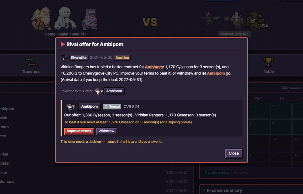 A 'Rival offer for Ambipom' letter: Viridian Rangers have tabled a better contract, with Improve terms and Withdraw buttons.